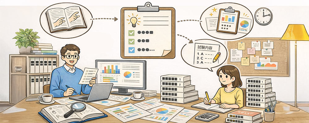 試験出題内容を考案する研究者をイメージしたイラスト